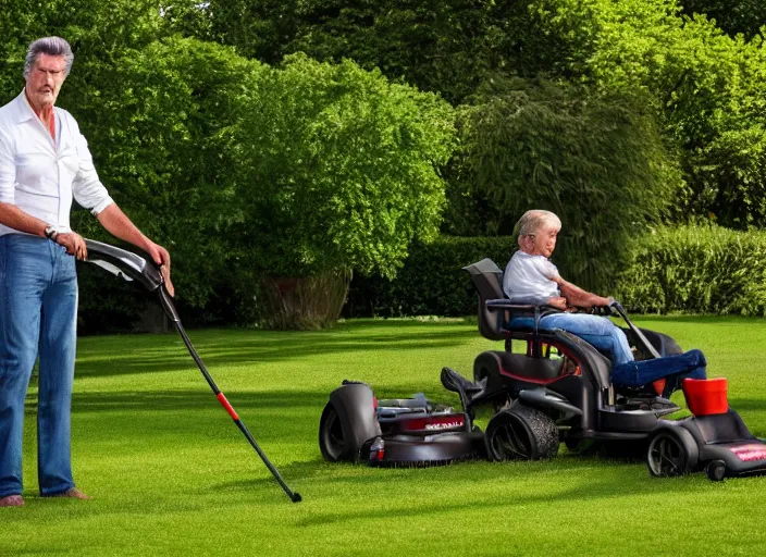 Prompt: pierce brosnan mowing the lawn, 8 k, 8 5 mm f 1. 8, studio lighting, rim light, right side key light