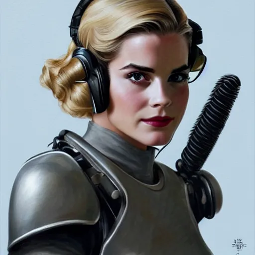 Prompt: A combination of Grace Kelly's and Emma Watson's and Ashley Greene's appearances with blonde hair wearing Power armor and a headset, full body portrait, western, D&D, fantasy, intricate, elegant, highly detailed, digital painting, artstation, concept art, matte, sharp focus, illustration, art by Donato Giancola and James Gurney