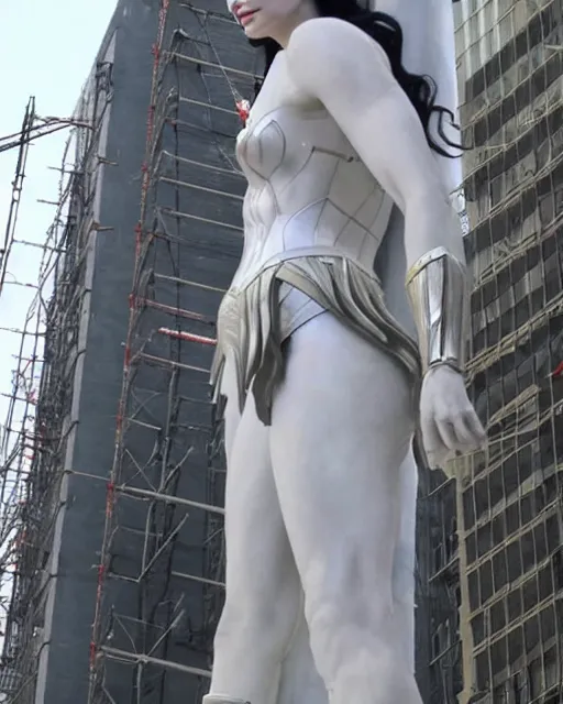 Prompt: a gigantic 500 foot tall white marble statue of Gal Gadot as Wonder Woman surrounded in scaffolding in downtown NYC