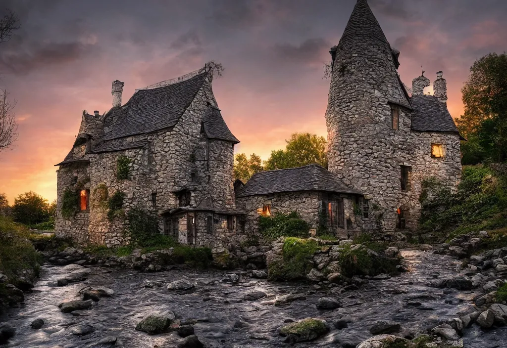 Prompt: a small stone medieval house near a small river at sunset, dramatic lighting, cinematic lighting, HDR, highly detailed, high quality, Seb McKinnon style, 8k, anime style
