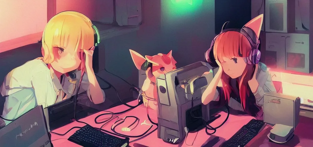 Prompt: a kawaii blond woman with cat ear headphones, sitting in front of computer, gamer, computer nerd, cute room, neon lights, gamer aesthetic, lofi vibes, strong crisp lineart and flat color, by ilya kuvshinov, krenz cushart, Greg Rutkowski, trending on pinterest