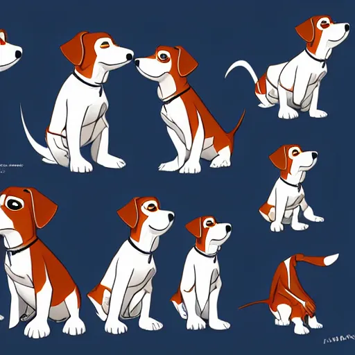 Image similar to jack russel terrier character surprised, pixar, disney, concept art, character sheet, trending on artstation, graphic novel, childrens illustrated storybook, by alphonse mucha and cory loftis and matthias lechner