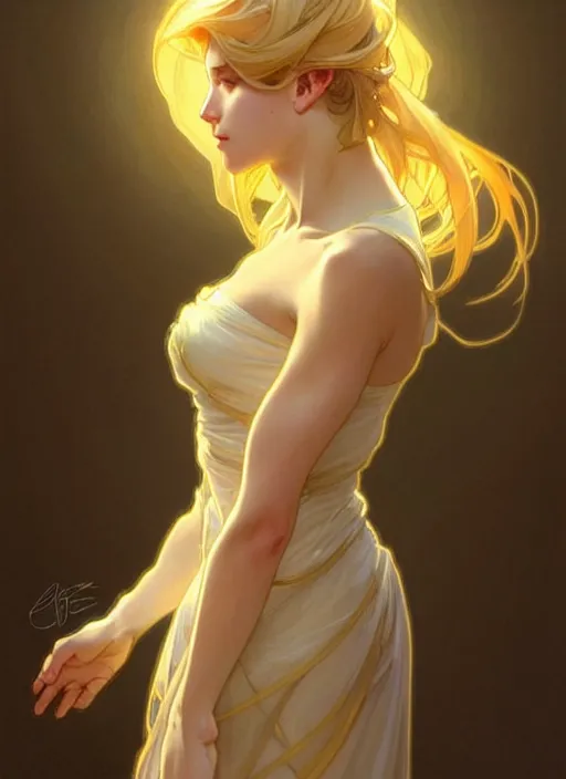 Image similar to digital character concept art by artgerm and greg rutkowski and alphonse mucha. clear portrait of a young wife blessed by god to uncontrollably become overwhelmingly perfect!! blonde, clothed, super feminine holy body!! light effect. hyper detailed, glowing lights!! intricate, elegant, digital painting, artstation, smooth, sharp focus