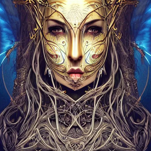 Prompt: ancient hybrid majestic praying shaman fantasy cyber human beautiful symmetrical face mask closeup face mask tattoo pattern golden ratio concept, deep forest psytrance Neo-Gothic concept, infinity glyph waves, intricate artwork masterpiece, very coherent artwork, cinematic, full frontal facial features by Artgerm