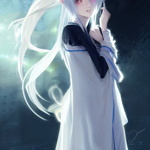 Prompt: anime girl with white hair gathered in two tails, with white diamond - shaped hairpins on her head, dark blue eyes, in a white cloak and hood, anime style, 4 k, high quality, digital painting, elegant, highly detalied, artstation, concept art, art by artgem and greg rutkowski and alphonse mucha