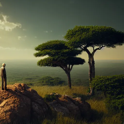 Image similar to old man standing on a rock overlooking the savanna, high detailed, super high resolution, realistic, concept art, artistic, octane render, masterpiece fine details