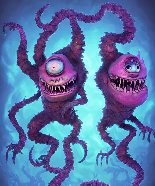 Prompt: a two headed xanathar made of bioluminescence in the art style of monsters inc, crisp 8 k line art, digital painting, artstation, unreal engine, octane render, emissive lighting, concept art, matte, sharp focus, hyper realistic lighting, illustration, deep royal blue and pink color scheme, art by junto ito and shintaro kago