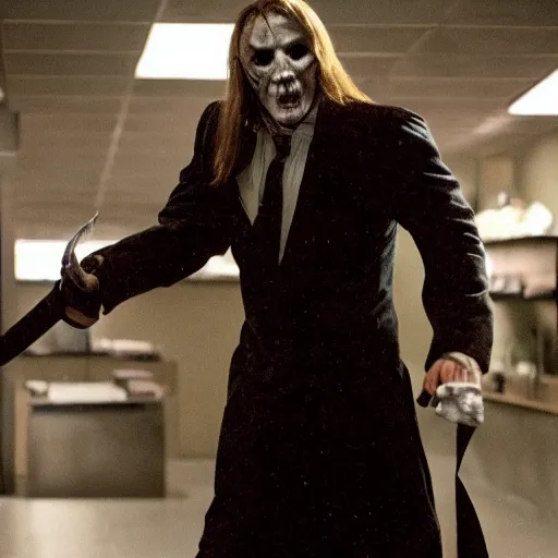 Image similar to arthas menethil as the american psycho, cinematic still