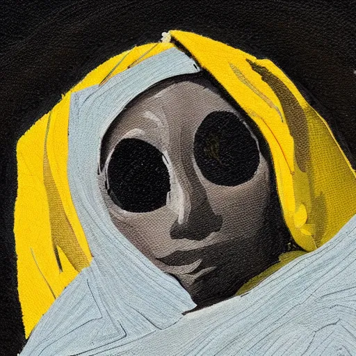 Prompt: A figure wearing frayed yellow hooded robes. Detailed. Solar Eclipse in background.