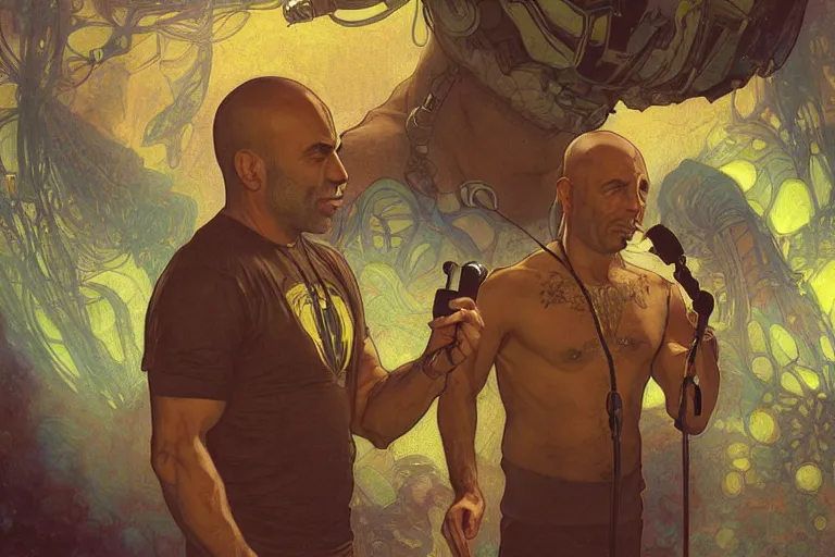 Image similar to joe rogan interviewing an inter - dimensional dmt alien, octane render, by greg rutkowski, alphonse mucha, artgerm