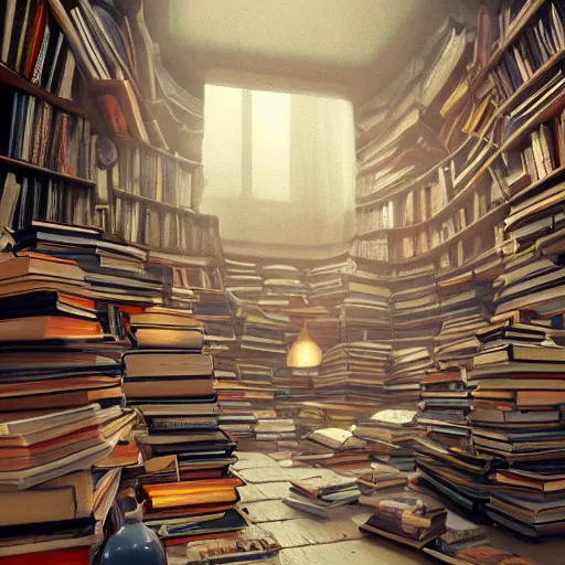 Image similar to books cave, a lot of books, many books everywhere, atmospheric, dof, wide angle, very coherent composition, masterpiece, incredible details, highly detailed, photorealistic, disney pixar, warm colours, atmospheric, cozy place, smooth, hole as a window, octane render, iridescent, 8 k