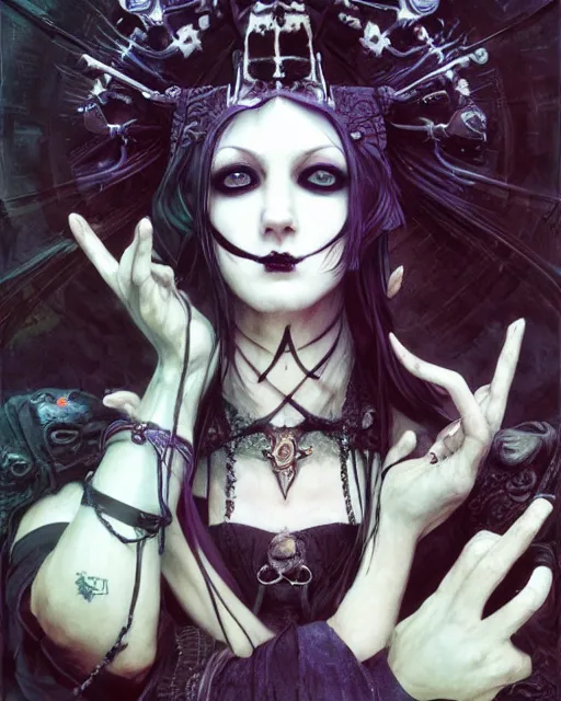 Image similar to Full shot of a ghoulpunk high priestess, defined facial features, intricate, gothic punk, malice mizer, ai yazawa, symmetrical facial features. By Ruan Jia and Artgerm and Range Murata and WLOP and Ross Tran and William-Adolphe Bouguereau and Beeple. Key Art. Fantasy Illustration. award winning, Artstation, intricate details, realistic, Hyperdetailed, 8k resolution.