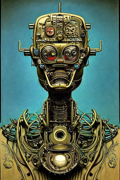 Prompt: retro boxy robot, lcd mouth, crusty, glowing blue green eyes, metal mustache, detailed realistic surreal groovypunk robot in full regal attire. face portrait. art nouveau, symbolist, visionary, baroque, giant fractal details. horizontal symmetry by zdzisław beksinski, gears, alphonse mucha. highly detailed, hyper - real, beautiful