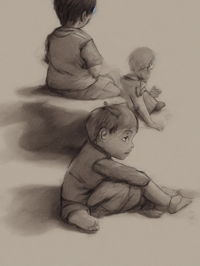 Prompt: sketch of child sitting, by disney concept artists, blunt borders, rule of thirds, beautiful light