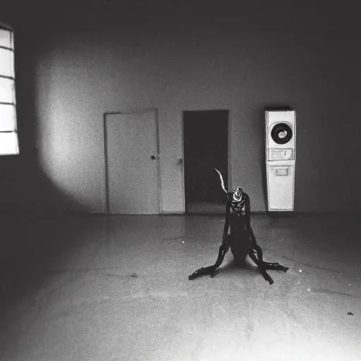 Prompt: Photograph of an old black room with a TV playing an emergency warning while a sleep paralysis demon crabwalks around, dust in the air, brown wood cabinets, SCP, taken using a film camera with 35mm expired film, bright camera flash enabled, award winning photograph, sleep paralysis demon crabwalking towards camera, creepy, liminal space, in the style of the movie Pulse