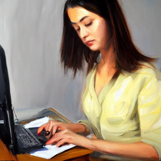 Image similar to painting detailed portrait woman using computer