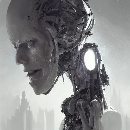 Image similar to concept art by greg rutkowski, a very tall and slender cyborg, talking to a short woman dressed in a utilitarian white and black jumpsuit, high tech and futuristic white walled environment, unnatural lighting, uncanny atmosphere, frightening and creepy atmosphere, scifi, highly detailed portrait, digital painting, artstation, concept art, smooth, sharp foccus ilustration, artstation hq