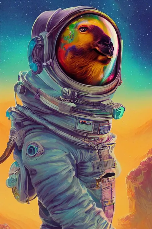 Prompt: A Retropunk Naturewave Defender, Astronaut Llama, beautiful realistic cinematic portrait, llama superhero character llama fashion design, by David Heskin and Paul Lehr and Josan Gonzalez and llama, Russell Mills and Igor Kieryluk, Artgerm, WLOP, 8k, Hi-Fructose, masterpiece anthro illustration, daily deviation, llama