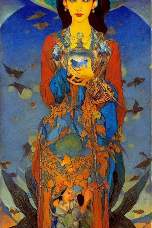 Prompt: queen of the dawn with her lantern and birds, by Nicholas Roerich and Annie Swynnerton, elaborate headdress and embroidered velvet, iridescent beetles, rich color, dramatic cinematic lighting, extremely detailed