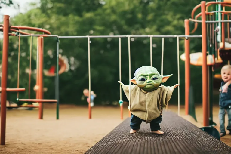 Image similar to baby-yoda!!!!!!, happy, in a playground, on a slide, arms in the air, shallow depth of field,