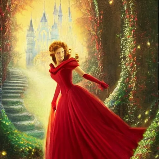 Prompt: realistic portrait charming beautiful painting from Cinderella film scene, when Cinderella become Bloody Scarlet Witch . Horror, created by Thomas Kinkade.