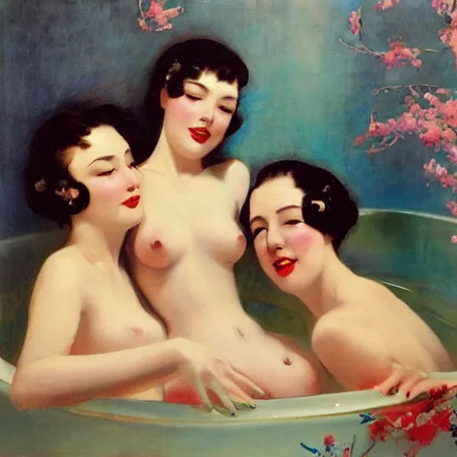 Image similar to three friends in a tub, art by wlop, edward mason eggleston, olivia, coby whitmore, rolf armstrong, wlop