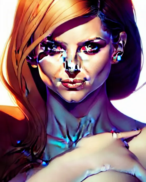 Image similar to artgerm, joshua middleton comic cover art, pretty sarah michelle gellar superhero, asymmetrical big black oval spot covering left eye from eyebrow to cheek, left eye spot only, very pale white skin, no spot right eye, white around right eye