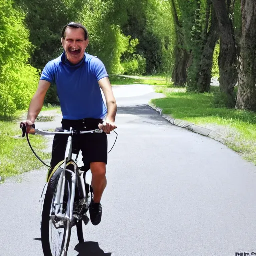 Image similar to Happy Frenchman on bike. Highly detailed. Highly realistic. High resolution. 8k. 4k. Dramatic.