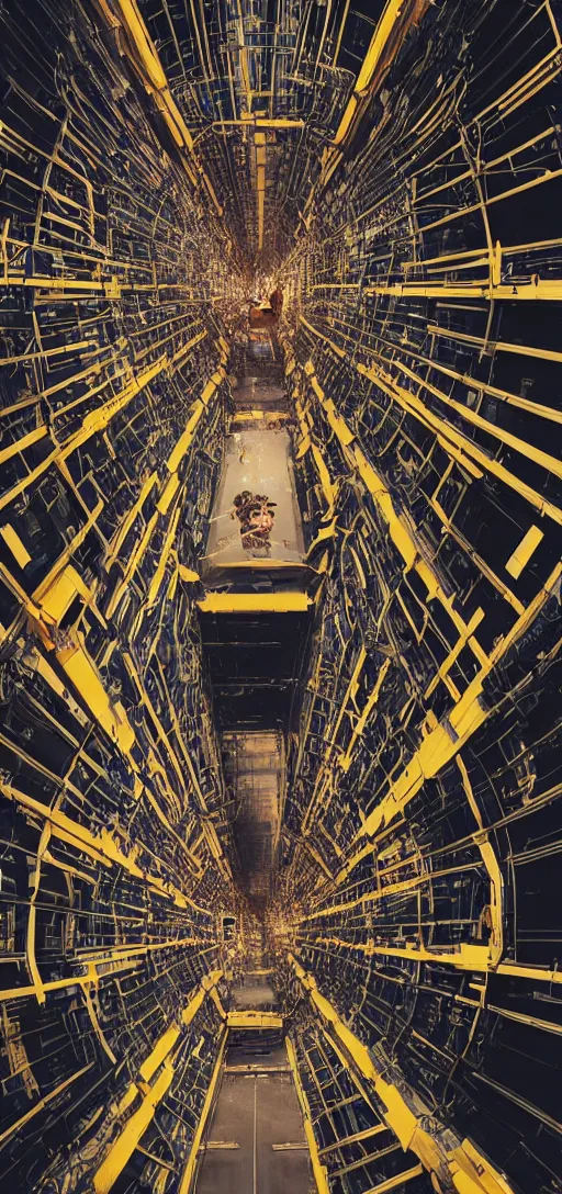 Prompt: wide shot of a man getting trapped inside cern large hadron collider, his body getting pulled apart by particle collision, rendered in octane