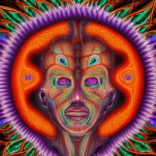 Image similar to full shot human anatomical render in the style of alex grey, with an ornate fractal background featuring psychedelic eyes