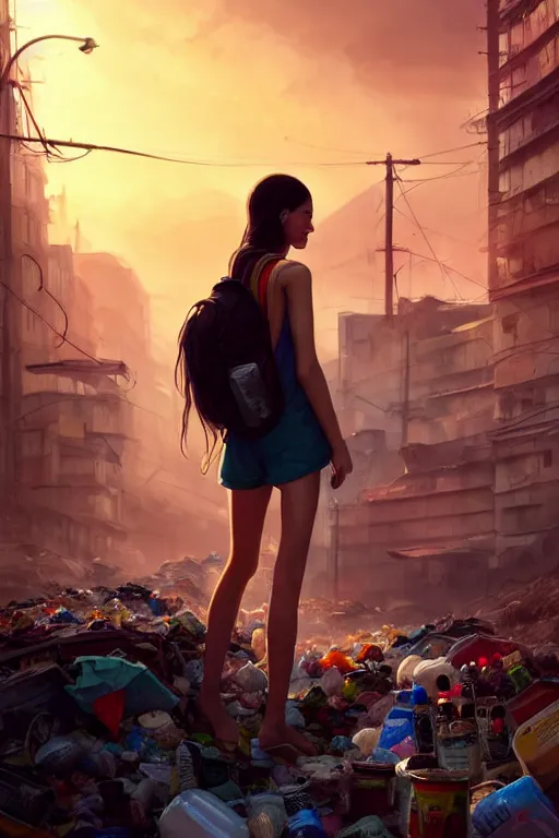 Image similar to young woman minishort with backpack looking at food at garbage dump, destroyed cars, city is pure wasteland, moody sunset background, rays of sunlights, ( ( ( rainbow ) ) ), high details, sharp, photorealism, cinematic, greg rutkowski, alphonse mucha, trending on artstation, artgerm, unreal engine, highly detailed