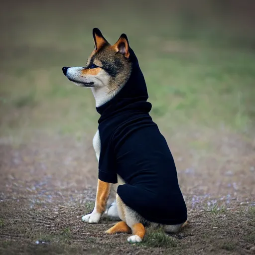 Prompt: ultra realistic Photogragraph from a Shib Inu wear a black hoodie
