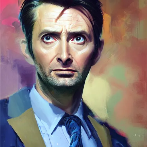 Prompt: greg manchess portrait painting of david tennant the 1 0 th doctor as overwatch character, medium shot, asymmetrical, profile picture, organic painting, sunny day, matte painting, bold shapes, hard edges, street art, trending on artstation, by huang guangjian and gil elvgren and sachin teng