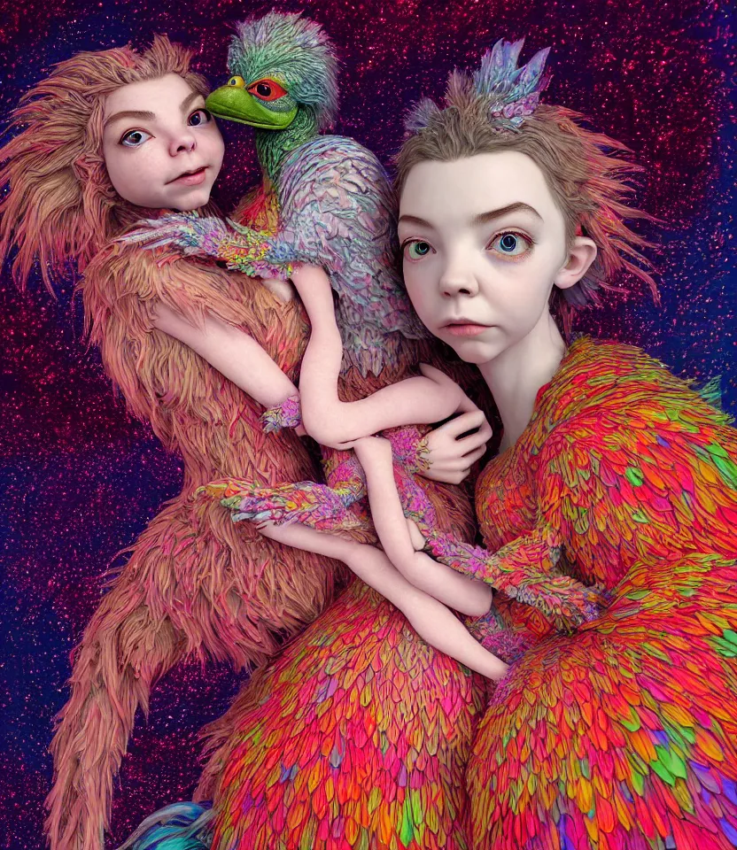 Image similar to hyper detailed 3d render like a Oil painting - kawaii portrait of lovers hugging or kissing Aurora (a beautiful girl skeksis muppet fae princess protective playful expressive acrobatic from dark crystal that looks like Anya Taylor-Joy) seen red carpet photoshoot in UVIVF posing in scaly dress to Eat of the Strangling network of yellowcake aerochrome and milky Fruit and His delicate Hands hold of gossamer polyp blossoms bring iridescent fungal flowers whose spores black the foolish stars by Jacek Yerka, Ilya Kuvshinov, Mariusz Lewandowski, Houdini algorithmic generative render, golen ratio, Abstract brush strokes, Masterpiece, Edward Hopper and James Gilleard, Zdzislaw Beksinski, Mark Ryden, Wolfgang Lettl, hints of Yayoi Kasuma and Dr. Seuss, Grant Wood, octane render, 8k