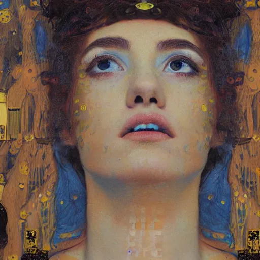 Image similar to a dramatic cinematic portrait photograph of athena influenced by gustav klimt.