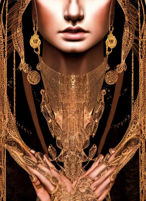 Image similar to beautiful full body concept art, photorealistic symmetrical beautiful face, symmetric eyes, female priestess with shiny hair wearing full intricate clothing, temple, godray, intricate lighting, micro detail, symmetric hands, cg society