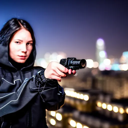 Prompt: photographic portrait of a techwear woman presenting a bullet, closeup, on the rooftop of a futuristic city at night, sigma 85mm f/1.4, 4k, depth of field, high resolution, full color, award winning photography