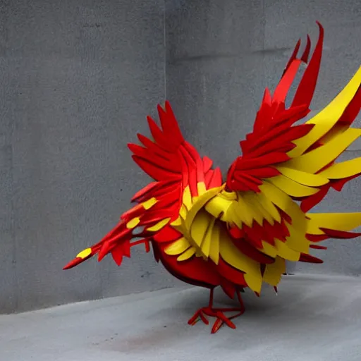 Image similar to abstract, sculpture moltres made of various materials from rainforest of face of artificial intellicgence