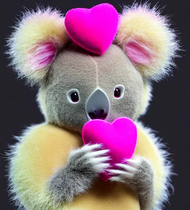 Image similar to high quality 3 d render hyperrealistic very cute small pink koala holding red heart,, plush mascot, short spiky dense fluffy smooth hair, photo from the side, pink fluffy fur, 1 5 0 mm, beautiful natural soft light, rim light, smooth background, artstation, ultra detailed, elegant, ultra detailed, metallic armor, octane render