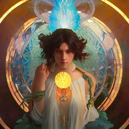 Image similar to a solarpunk phoenix, volumetric light, bokeh, painting by greg rutkowski by alphonse mucha