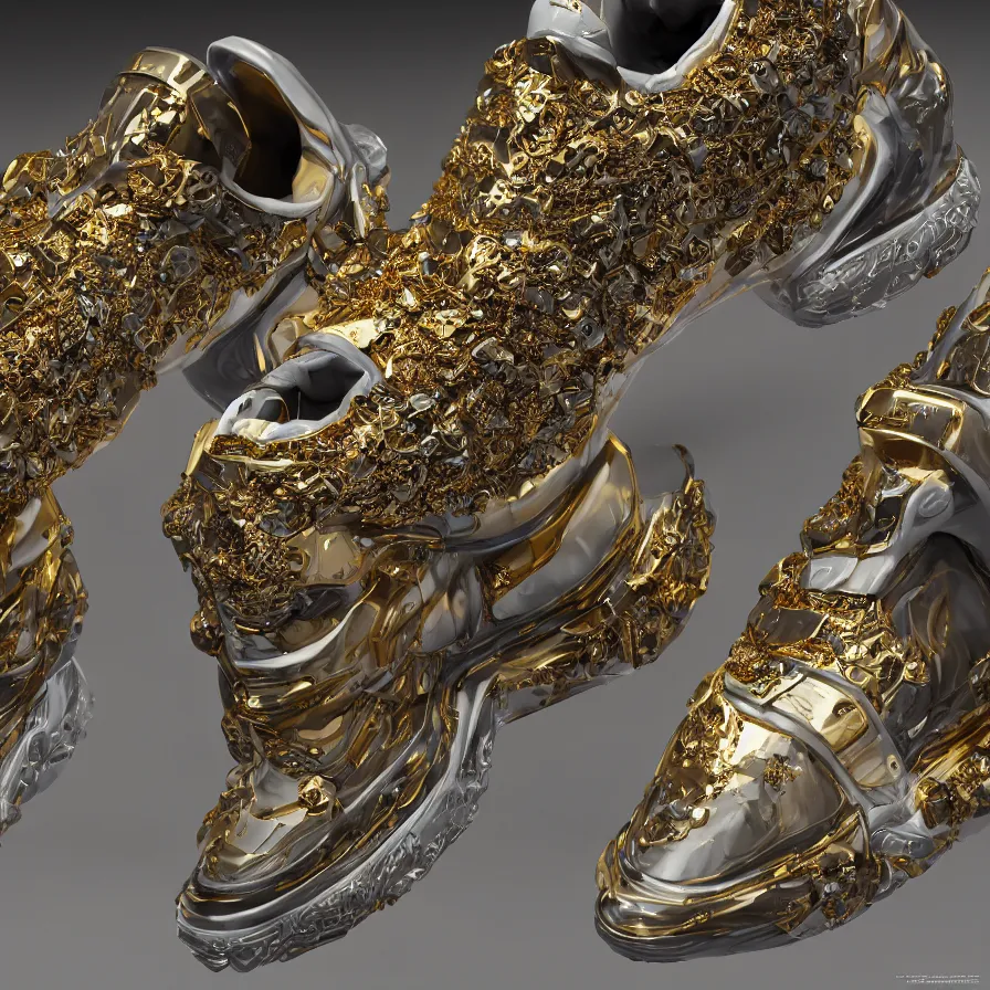 Image similar to futuristic balenciaga sneakers, nft art, highly detailed, hyper realistic, a ton of bussdown iced gold bling in wallace & gromit strata - cut claymation, ultra realistic, concept art, intricate details, serious, highly detailed, photorealistic, octane render, 8 k, unreal engine