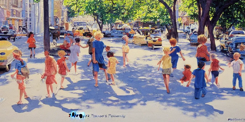 Prompt: kids in the street in summer, painting by robert vickrey