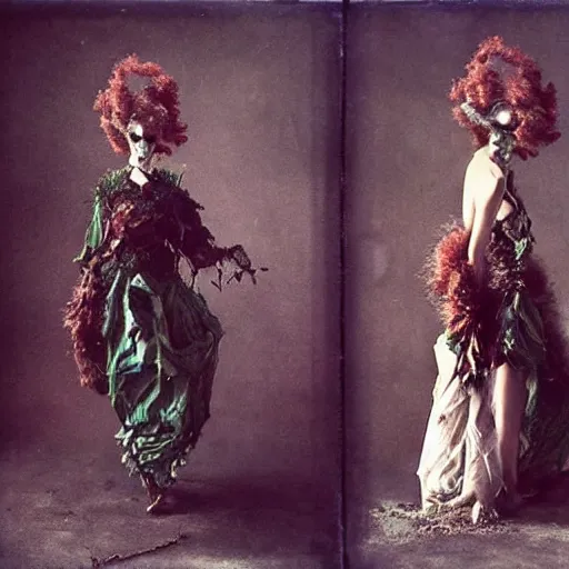 Image similar to damaged kodak portra 4 0 0, wetplate, photo of a surreal artsy dream scene,, very beautiful model, weird fashion, grotesque, extravagant dress, strange pose, carneval, with an animal, wtf, photographed by paolo roversi style