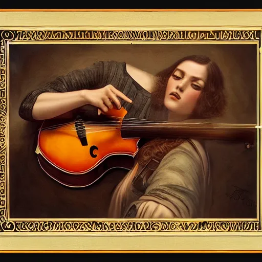 Image similar to ultra realist soft painting of folk musicians playing fiddle, mandolin, acoustic guitar, symmetry accurate features, very intricate details, focus, artstyle Hiraku Tanaka and Tom Bagshaw, award winning