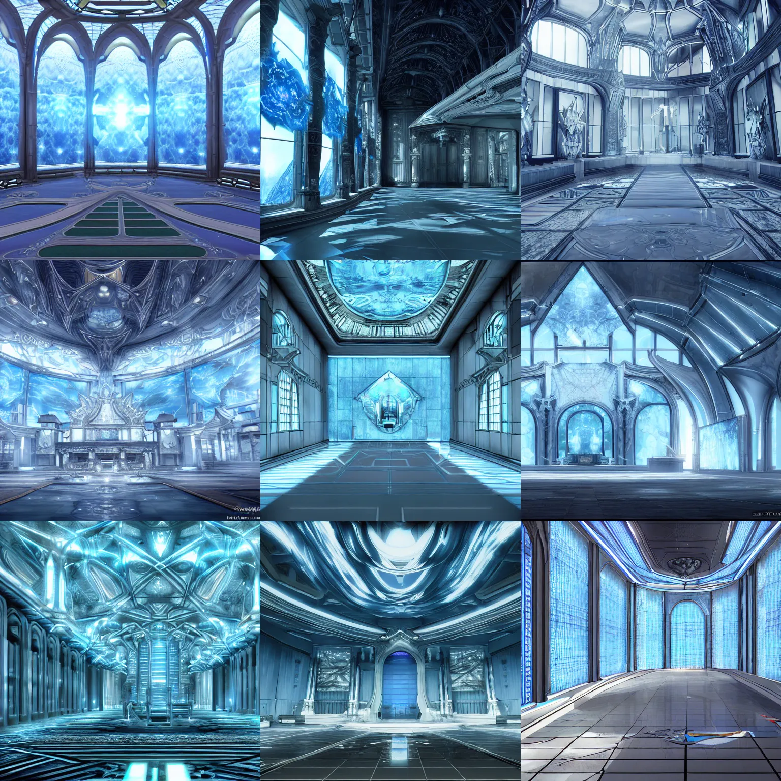 Prompt: the narthex, final fantasy xiii, light blue reflective shiny walls, clouds outside the windows, futuristic, rtx rendering, extreme high intricate details
