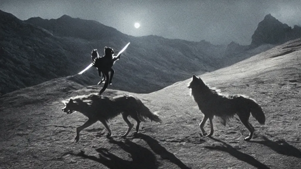 Prompt: epic cinematic shot of david bowie riding a (wolf) at night on a cliff with the moon in the background;
