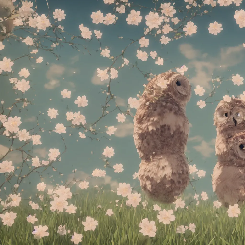 Image similar to film still of happy content cute owls wearing flowers and hats, in a field of delicate dainty blossoms, makoto shinkai, cinematic lighting, volumetric lighting, sunny, highly detailed, hand drawn, intricate, illuminated, 8k