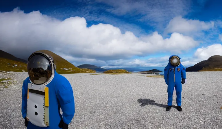 Prompt: tourist astronaut standing in the Isle of Harris, Scotland, a futuristic campervan in the background, wide angle lens, photorealistic