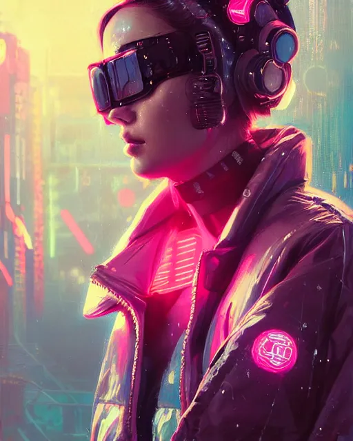 Image similar to detailed portrait Neon Operator Girl, cyberpunk futuristic neon, reflective puffy coat, decorated with traditional Japanese ornaments by Ismail inceoglu dragan bibin hans thoma greg rutkowski Alexandros Pyromallis Nekro Rene Maritte Illustrated, Perfect face, fine details, realistic shaded, fine-face, pretty face