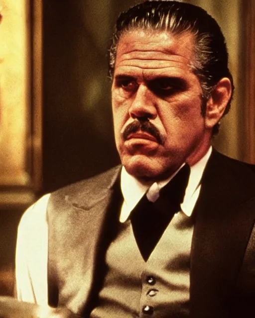 Image similar to film still close up shot of ron perlman as vito corleone from the movie the godfather. photographic, photography